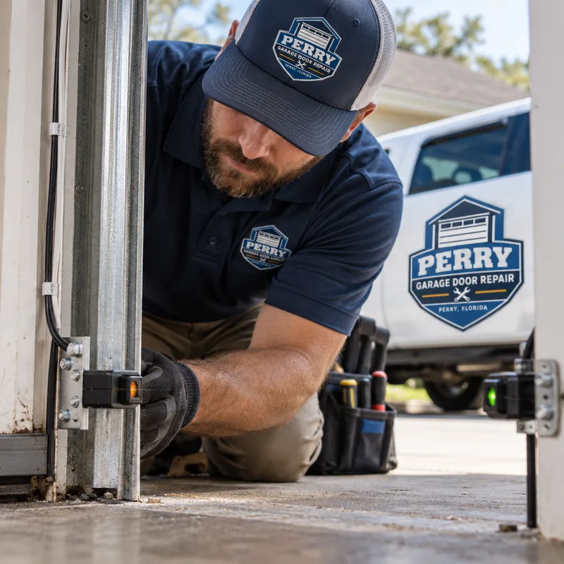 Technician manually testing garage door balance and checking for drift