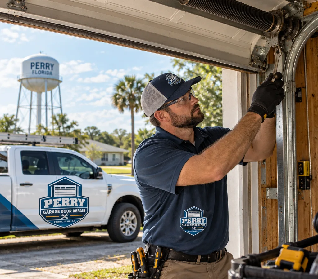 Technician inspecting a residential sectional garage door and opener rail in a Perry driveway