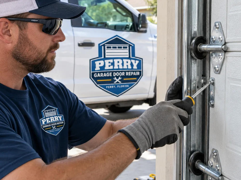 Garage door track, rollers, hinges, and lift cable showing common wear points