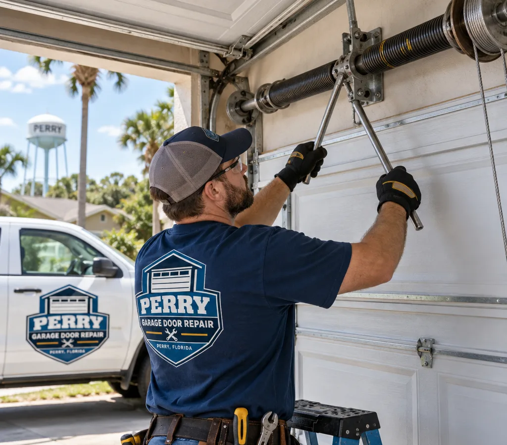 Technician working on a residential garage door torsion spring system with winding bars and locking pliers