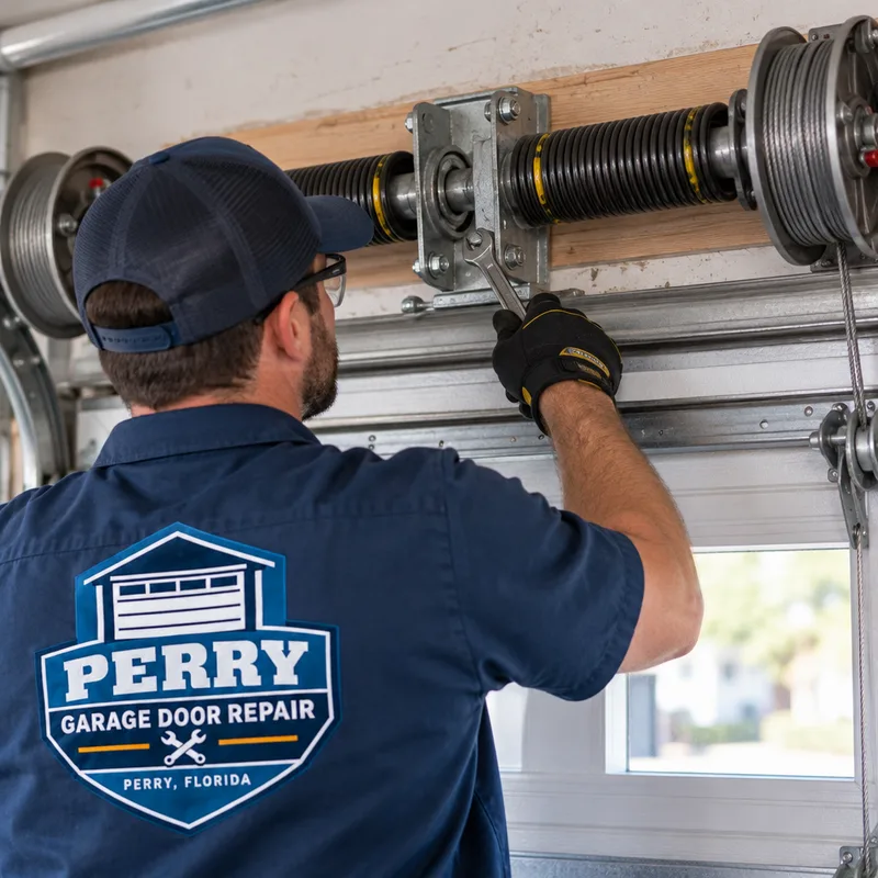 Torsion spring and center bearing plate mounted above a new garage door with cables seated correctly