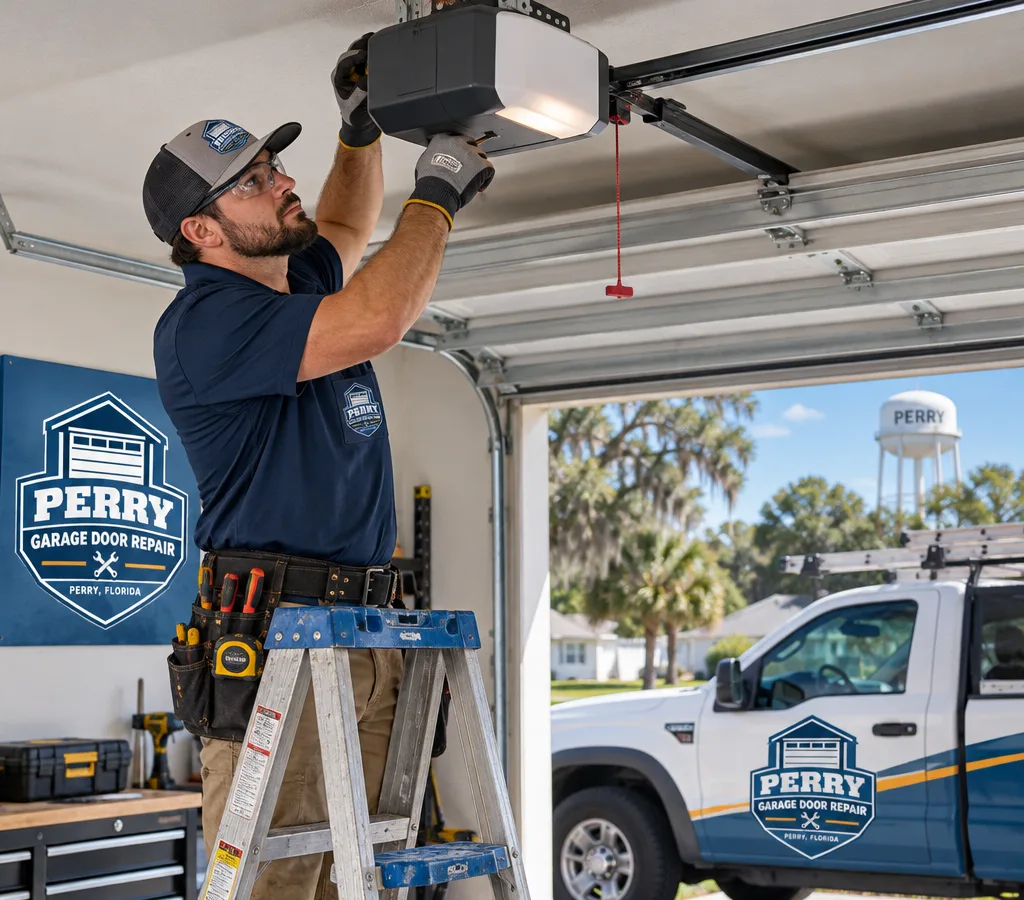 Technician installing a modern garage door opener on ceiling rails with clean wiring and a torsion spring door in the background