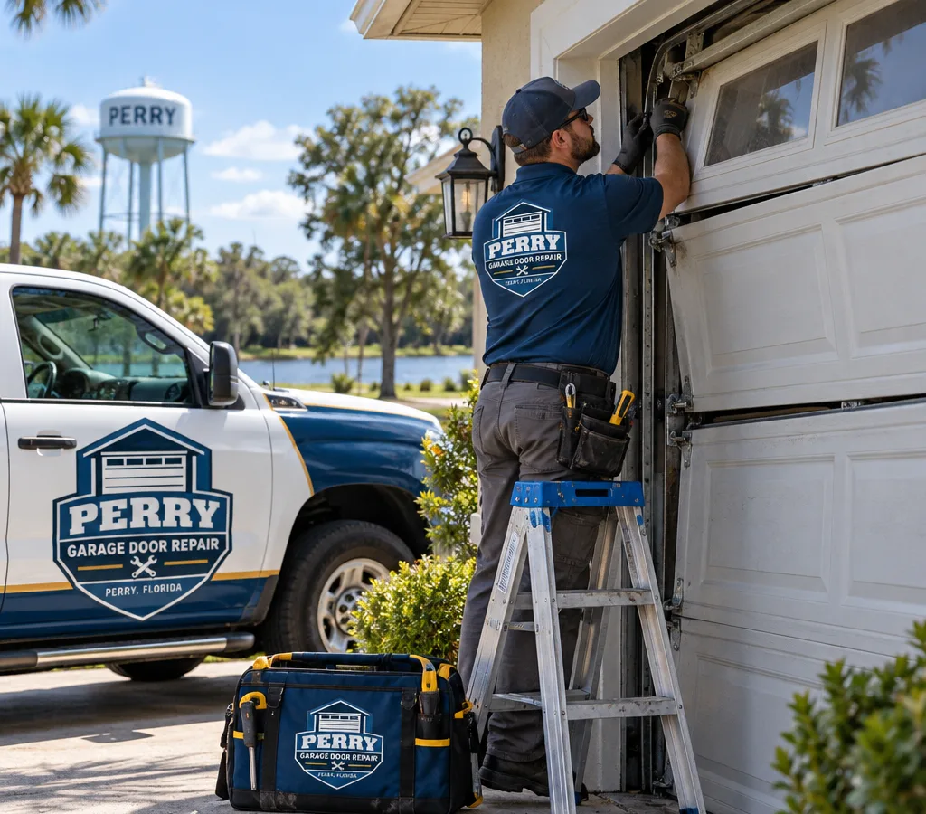 Residential garage door at dusk in Perry, Florida with technician tools nearby for an urgent stuck-door repair