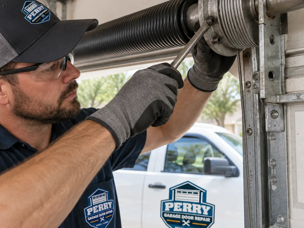 Technician correctly seating a garage door lift cable on its drum beside a roller and track